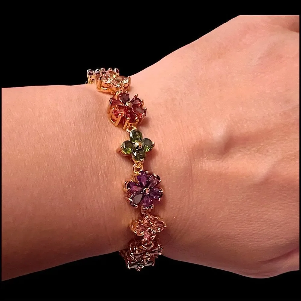 Gold Filled Multi-color Cubic Zirconia Flower Tennis Bracelet NWOT